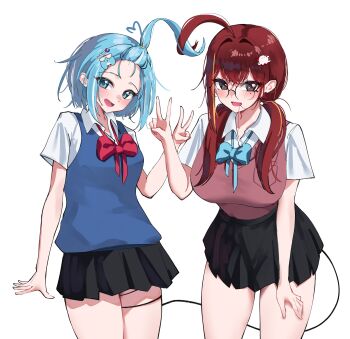 2girls absurdres ahoge akane_lize arahashi_tabi arm_at_side bangs_pinned_back black-framed_eyewear black_skirt blonde_streaks blue_bow blue_bowtie blue_eyes blue_hair blue_sweater_vest blush bow bowtie breast_pocket breasts character_hair_ornament collared_shirt commentary cowboy_shot dated_commentary double-parted_bangs fang forehead grey_eyes group_pose hair_in_own_mouth hair_intakes hair_ornament hair_over_shoulder hair_tie hand_on_own_thigh hand_up heart heart_ahoge highres huge_ahoge large_breasts long_bangs looking_at_viewer loose_bowtie low_twintails miniskirt mole mole_under_eye multicolored_hair multiple_girls open_mouth pink_sweater_vest pleated_skirt pocket red_bow red_bowtie red_hair red_pupils round_eyewear school_uniform shirt short_hair short_sleeves skirt slit_pupils smile standing stellive streaked_hair sweater_vest twintails untranslatable_commentary v virtual_youtuber white_shirt white_streaks yeomhwauranyum