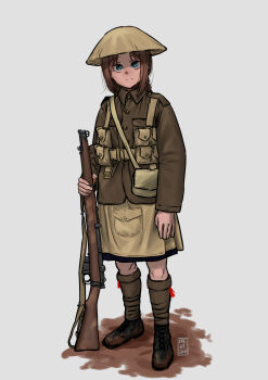 1girl absurdres ammunition_pouch blue_eyes bolt_action boots brown_coat brown_hair coat combat_helmet girls&#039;_frontline gun gun_sling helmet highres holding holding_gun holding_weapon kilt lee-enfield lee-enfield_(girls&#039;_frontline) looking_at_viewer mardjan military military_combat_uniform military_uniform mud pouch rifle simple_background solo weapon world_war_i