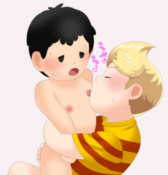 ass ass_grab bare_hips bare_legs black_har blonde_hair blush embarrassed grabbing_another's_ass groping hug legs licking licking_nipple lucas_(mother_3) moaning mother_(series) mother_2 mother_3 ness_(mother_2) nintendo nipple_stimulation nipples nude saliva shirt sjsj_10 striped_clothes striped_shirt super_smash_bros. sweat tongue tongue_out yaoi