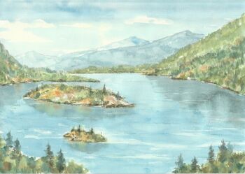 Rule 34 | canada, commentary request, day, forest, hill, island, lake, landscape, mountainous horizon, nature, no humans, original, outdoors, painting (medium), paruperu, real world location, scenery, sky, traditional media, tree, water, watercolor (medium)