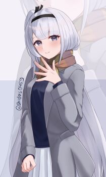 1girl black_headband black_sweater breasts brown_scarf coat fuyutsuki_(kancolle) fuyutsuki_(sasebo)_(kancolle) grey_coat grey_eyes grey_hair hachimaki headband highres kantai_collection large_breasts long_hair long_sleeves looking_at_viewer multicolored_scarf official_alternate_costume one_side_up scarf shidas0459 solo sweater very_long_hair zoom_layer