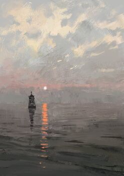 Rule 34 | buoy, cloud, cloudy sky, grey sky, highres, horizon, no humans, original, reflection, reflective liquid, scenery, shadow, sky, slow d, sun, sunlight, water