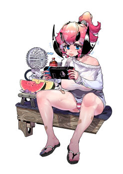 1girl absurdres bandaid bandaid_on_leg blue_eyes breasts cola commentary_request covered_erect_nipples electric_fan flip-flops food fruit highres horns large_breasts nintendo_switch off_shoulder original panties ponytail red_hair sandals simple_background sitting solo striped_clothes striped_panties sweater underwear watermelon watermelon_slice white_background white_sweater xiangxiangbushixiang_12138