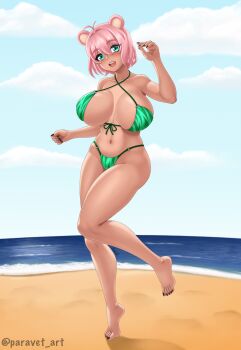 1girl absurdres animal_ears aqua_eyes artist_name barefoot beach bear_ears bear_girl bikini black_nails breasts breasts_apart criss-cross_halter feet female_focus fingernails food_print front-tie_bikini_top front-tie_top fruit_print full_body green_bikini halter_top_bikini halterneck highleg highleg_bikini highres huge_breasts looking_at_viewer nail_polish navel o-ring o-ring_bikini ocean open_mouth original outdoors paravet pink_hair sharp_fingernails sharp_toenails shore short_hair solo standing standing_on_one_leg swimsuit teeth thighs toenail_polish toenails toes twitter_username upper_teeth_only watermelon_print