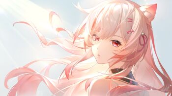 1girl absurdres animal_ears artist_request close-up commentary_request gradient_hair grey_hair hair_ornament hair_ribbon hairclip highres long_hair looking_back mia_skye multicolored_hair official_art parted_lips pink_hair pink_ribbon red_eyes ribbon snowbreak:_containment_zone solo