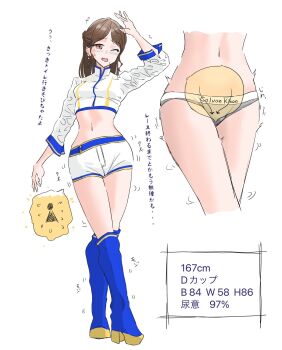 Rule 34 | 1girl, :d, belly, bladder, blush, boots, brand name imitation, breasts, brown hair, calvin klein, clothes writing, earrings, erufi, grey panties, hand over head, have to pee, highres, internal view, jacket, jewelry, medium breasts, medium hair, navel, open mouth, original, panties, panty writing, pee, race queen, red eyes, shaking, shorts, smile, solo, sweat, translated, underwear, underwear writing, urine meter, white background, white jacket, white shorts, worried, wrinkled fabric