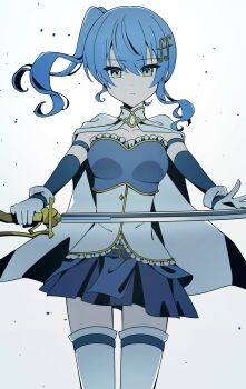 1girl absurdres blue_eyes blue_hair cape cosplay detached_sleeves highres hololive hoshimachi_suisei looking_at_viewer miki_sayaka_(cosplay) short_hair solo sword tsumurimai virtual_youtuber weapon