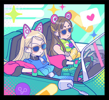 2girls animal_ears aqua_background badge bandaid bare_shoulders belt black_belt black_border blonde_hair blue_dress blush border brown_hair car closed_mouth crossed_arms dress driving fake_animal_ears flat_color gakuen_idolmaster gloves green_belt green_gloves green_shirt halftone halftone_background heart highres idolmaster ippan_gakumasup kuramoto_china long_hair long_sleeves looking_ahead miracle_na_now!_(idolmaster) motor_vehicle multiple_girls parted_bangs pink_sleeves shinosawa_hiro shirt sleeveless sleeveless_shirt sparkle speech_bubble sunglasses v-shaped_eyebrows very_long_hair yellow-framed_eyewear zipper_pull_tab