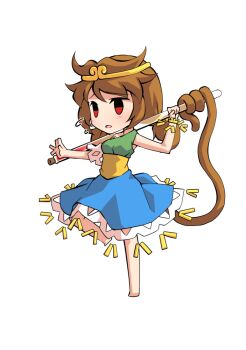 Rule 34 | 1girl, barefoot, blue skirt, breasts, brown hair, chibi, chibi only, circlet, commentary request, dairi, full body, green shirt, holding, holding test tube, large variant set, low twintails, medium hair, monkey tail, red eyes, shirt, simple background, skirt, solo, son biten, standing, standing on one leg, tachi-e, tail, test tube, touhou, transparent background, twintails, variant set