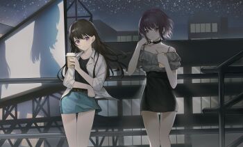 Rule 34 | 2girls, absurdres, anli (jwcpp4sum0mgk5r), bang dream!, bang dream! it's mygo!!!!!, belt, black choker, black hair, black shirt, black skirt, blue skirt, brown belt, chinese commentary, choker, commentary request, cup, disposable cup, frilled shirt, frills, grey shirt, highres, holding, holding carton, holding cup, instrument connection, jacket, long hair, misumi uika, mole, mole under eye, multiple girls, night, off-shoulder shirt, off shoulder, open mouth, outdoors, pink eyes, purple eyes, purple hair, shiina taki, shirt, short hair, skirt, sumimi (bang dream!), sumita mana, white jacket, yuutenji nyamu