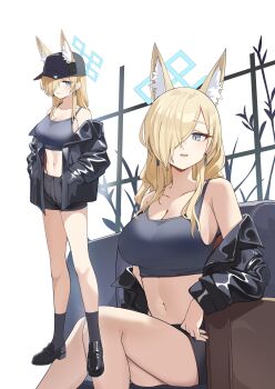 1girl absurdres alternate_costume animal_ear_fluff animal_ears baseball_cap black_hat black_jacket black_shoes black_shorts black_socks black_sports_bra blonde_hair blue_archive blue_eyes blue_halo breasts cleavage commentary couch dog_ears dog_girl earrings ears_through_headwear expressionless full_body hair_over_one_eye halo hands_in_pockets hat highres inapple jacket jewelry kanna_(blue_archive) large_breasts leather leather_jacket loafers long_hair looking_at_viewer midriff navel off_shoulder open_clothes open_jacket panty_straps parted_lips paw_print sharp_teeth shoes shorts sidelocks sitting socks sports_bra standing teeth upper_teeth_only