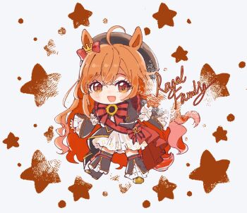 1girl ahoge animal_ears armband beret black_gem black_jacket blush bow commentary_request crown_hair_ornament frilled_armband frills gem hair_between_eyes hair_ornament hat highres horse_ears horse_girl horse_tail jacket long_hair looking_at_viewer open_mouth orange_hair orange_tail overskirt red_bow red_sash ribbon roroko_momo royal_family_(the_royal_family) sash shirt shoes shorts smile star_(symbol) tail the_royal_family_(tv_series) umamusume white_shirt white_shorts