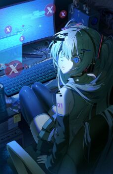 1girl aqua_hair bare_shoulders black_skirt black_sleeves black_thighhighs blue_eyes chair computer computer_keyboard computer_mouse desk detached_sleeves from_behind grey_shirt hair_between_eyes hair_ornament hatsune_miku headphones headset highres indoors long_hair looking_at_viewer looking_back miniskirt monitor number_tattoo parted_lips pleated_skirt qn_cmsn shirt sitting skirt sleeveless sleeveless_shirt solo tattoo thighhighs twintails very_long_hair vocaloid zettai_ryouiki