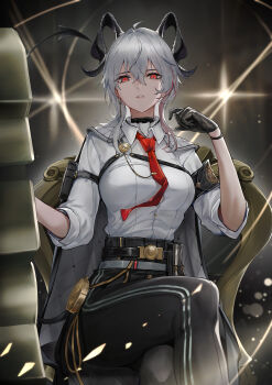 1girl arm_pouch armband black_armband black_choker black_gloves black_horns black_jacket black_pants black_tail breasts button_gap chair chest_harness choker collared_shirt commentary crossed_legs curled_horns demon_tail earrings gloves grey_hair hair_between_eyes hand_up harness high-waist_pants highres holding holding_shield horns jacket jacket_on_shoulders jewelry key_earrings large_breasts long_hair looking_at_viewer marumoru multicolored_hair necktie on_chair pants pouch red_eyes red_necktie shield shirt shirt_tucked_in sitting solo streaked_hair tail white_shirt wuthering_waves zani_(wuthering_waves)