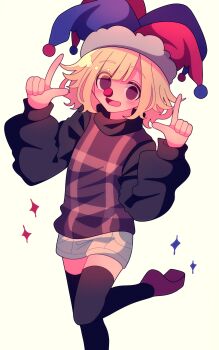 1girl absurdres arms_up black_sweater black_thighhighs blonde_hair clown clown_nose foot_out_of_frame grey_shorts hat highres index_fingers_raised jester_cap leg_up long_sleeves looking_at_viewer ohamihaeru open_mouth plaid_clothes plaid_sweater_vest plaid_vest purple_eyes purple_shoes purple_sweater_vest shoes short_hair short_shorts shorts simple_background smile solo sparkle standing standing_on_one_leg sweater sweater_vest thighhighs urotsuki vest white_background yume_2kki zettai_ryouiki
