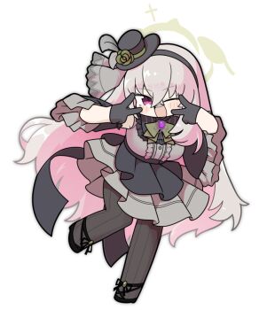 1girl ;d black_gloves black_hairband black_hat black_shoes blue_archive blush_stickers bow breasts brown_pantyhose center_frills commentary_request detached_sleeves double_v flower frilled_sleeves frills full_body gloves green_bow green_flower green_rose grey_hair grey_shirt grey_skirt hair_between_eyes hairband half_gloves halo hands_up hat hat_flower large_breasts long_hair looking_at_viewer mini_hat miranofuudoria multicolored_hair one_eye_closed open_mouth pantyhose pink_hair pleated_skirt purple_eyes rose sakurako_(blue_archive) sakurako_(idol)_(blue_archive) shirt shoes short_sleeves skirt smile solo standing standing_on_one_leg tilted_headwear two-tone_hair v v_over_eye very_long_hair wide_sleeves