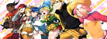 3boys 3girls ;d abs bandana black_neckwear blonde_hair brown_eyes dark-skinned_male dark_skin emboar gen_5_pokemon geroriori grin hand_in_pocket highres krookodile leavanny long_hair male_focus multiple_boys multiple_girls nintendo one_eye_closed open_mouth personification pink_hair pokemon red_hair sharp_teeth shorts skirt smile sunglasses suspenders swoobat teeth yellow_eyes