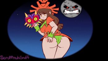 1girl animated animated_gif ass brown_hair female_focus from_behind genderswap genderswap_(mtf) green_panties hat looking_at_viewer looking_back moon nintendo orange_eyes orange_hat panties scruffmuhgruff skull_kid spanking spanking_self the_legend_of_zelda the_legend_of_zelda:_majora&#039;s_mask the_moon_(tloz) underwear