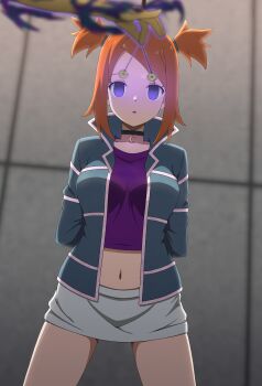 1boy 1girl absurdres arms_behind_back black_choker blue_eyes choker coin commentary_request crescent_choker cropped_shirt gen_1_pokemon glowing highres holding holding_string holed_coin hypno hypnosis jacket legs_apart microskirt midriff mind_control navel nintendo no_pupils open_clothes open_jacket orange_hair pendulum pokemon pokemon_(creature) pokemon_colosseum purple_shirt rui_(pokemon) shirt skirt string tak_(user_uyys5227) textless_version tile_wall tiles two_side_up