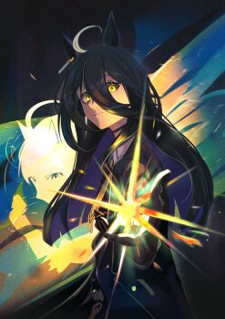 Rule 34 | 1girl, ahoge, animal ears, black choker, black coat, black gloves, black hair, black vest, choker, closed mouth, coat, collared shirt, gloves, hair between eyes, hem peeking out, highres, horse ears, horse girl, houya hafu, long hair, long hair between eyes, long sleeves, looking at viewer, manhattan cafe (creeping shadow) (umamusume), manhattan cafe (umamusume), multicolored hair, shirt, solo, umamusume, very long hair, vest, white hair, white shirt, yellow eyes