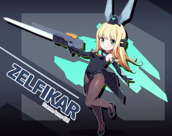 1girl black_gloves black_leotard black_shoes blonde_hair breasts brown_pantyhose character_name closed_mouth commentary copyright_name covered_navel deformed drop_shadow elbow_gloves frame_arms_girl full_body gloves green_eyes headgear highleg highleg_leotard highres holding holding_weapon ko_pot-au-feu leotard long_hair looking_at_viewer outline pantyhose shoes small_breasts smile solo standing standing_on_one_leg weapon white_outline zelfikar