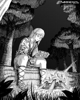 1boy archaic_set_(zelda) campfire chest_tattoo commentary_request earrings expressionless forest full_body gloves greyscale hatching_(texture) highres holding instagram_username jewelry link log male_focus medium_hair monochrome nature nintendo pointy_ears purah_pad sandals seveninks shoulder_tattoo single_glove sitting solo spanish_commentary tattoo the_legend_of_zelda the_legend_of_zelda:_tears_of_the_kingdom tree