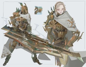 Rule 34 | 1girl, absurdres, armor, blonde hair, brown armor, cloak, full armor, full body, headband, highres, jin dahaad, jin dahaad (armor), medium hair, monster hunter (character), monster hunter (series), monster hunter wilds, nslacka, original, pauldrons, shoulder armor, single pauldron, solo, spiked armor, spikes, steam, weapon, yellow eyes