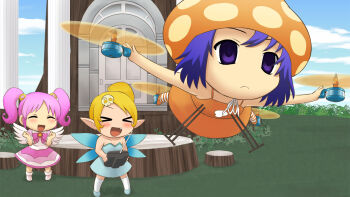 &gt;_&lt; 3girls :d ^_^ blonde_hair closed_eyes controller door drone empty_eyes fairy fairy_wings fang flying gachon_jirou gdgd_fairies helicopter_cat highres korokoro multiple_girls mushroom_on_head open_mouth outdoors parody pikupiku pink_hair ponytail purple_eyes purple_hair remote_control shirushiru smile tree_stump twintails wings xd