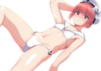1girl anchor_ornament bikini breasts brown_eyes brown_hair feet_out_of_frame hat kantai_collection looking_at_viewer lowleg lowleg_bikini lying sailor_bikini sailor_collar sailor_hat short_hair side-tie_bikini_bottom simple_background small_breasts solo swimsuit tirasi_(so) white_background white_bikini white_hat white_sailor_collar z3_max_schultz_(kancolle) z3_max_schultz_(swimsuit)_(kancolle)