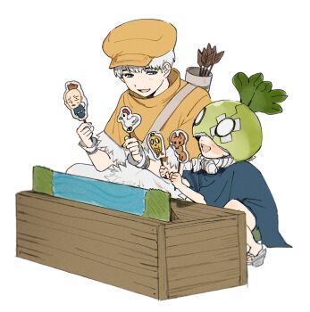 2boys :d arrow_(projectile) blue_eyes blue_shirt blush bracelet capelet child dr._stone food fur_trim hat highres holding jewelry male_focus mask multiple_boys nndmkk11 open_mouth quiver saionji_ukyou sandals shirt short_hair short_sleeves shorts simple_background smile squatting suika_(dr.stone) white_background white_hair