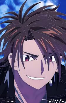 1boy absurdres artist_request break_(hand_shakers) brown_hair hand_shakers happy highres medium_hair red_eyes source_request upper_body