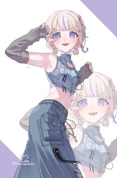 1girl absurdres alternate_costume blonde_hair blue_pants braid breasts commentary_request cropped_shirt denim denim_shirt detached_sleeves earrings hair_rings highres hololive hololive_dev_is jeans jewelry looking_at_viewer multicolored_hair nail_polish navel open_mouth pants purple_eyes purple_hair purple_nails short_hair small_breasts solo stomach streaked_hair teeth toa_inusuki todoroki_hajime todoroki_hajime_(flashpoint) upper_teeth_only virtual_youtuber