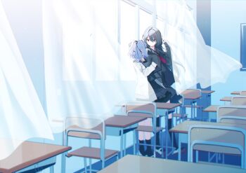 2girls black_hair black_jacket black_sailor_collar black_serafuku black_shirt black_skirt black_socks black_thighhighs blue_hair chair commentary_request curtains day desk hair_between_eyes hand_up highres indoors jacket kisaragi_ren_(vspo!) long_hair misumi_(macaroni) multiple_girls neckerchief open_clothes open_jacket pleated_skirt red_eyes red_neckerchief sailor_collar school_chair school_desk school_uniform serafuku shinomiya_runa shirt shoes skirt socks sunlight thighhighs transparent two_side_up vspo! white_jacket white_shoes window