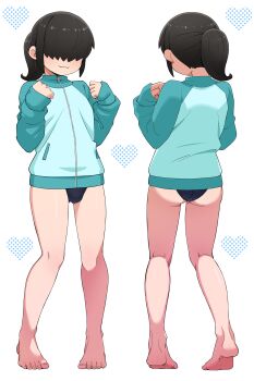 1boy absurdres ass black_hair blue_jacket bulge commentary_request hair_over_eyes heart highres jacket non-web_source original ponytail salsiccia_makino short_hair sidelocks simple_background swimsuit swimsuit_under_clothes track_jacket trap white_background