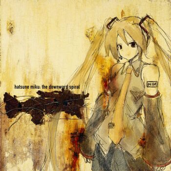 1girl absurdres album_cover_redraw arm_tattoo collared_shirt commentary cowboy_shot derivative_work detached_sleeves english_commentary hair_between_eyes hatsune_miku highres kassabakeki logo necktie nine_inch_nails parody pleated_skirt sepia shirt skirt sleeveless sleeveless_shirt solo standing tattoo the_downward_spiral twintails vocaloid