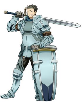 Rule 34 | 1boy, arm up, armor, armored boots, artist request, boots, breastplate, brown armor, commentary, full body, game asset, gloves, grey gloves, holding, holding sword, holding weapon, knee boots, knight, log horizon, log horizon new adventure land, looking at viewer, naotsugu (log horizon), official art, one eye closed, shield, short hair, shoulder armor, simple background, smile, solo, standing, sword, third-party source, transparent background, vambraces, weapon