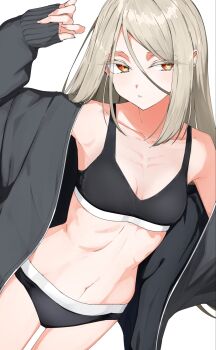 1girl black_bra bra breasts commentary_request gakuen_idolmaster hair_between_eyes hair_down highres idolmaster isocha jacket navel no_hair_ornament open_clothes open_jacket orange_eyes panties ribs serious shinosawa_hiro skinny small_breasts solo sports_bra stomach underwear