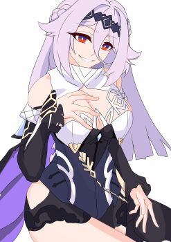 Rule 34 | 1girl, absurdres, black shorts, blue corset, commentary request, corset, detached sleeves, elysia (honkai impact), elysia (miss pink elf) (honkai impact), highres, honkai (series), honkai impact 3rd, korean commentary, long hair, multicolored eyes, prototype design, purple hair, pyeong il, short shorts, shorts, simple background, smile, solo, thighs, two-tone eyes, very long hair, white background