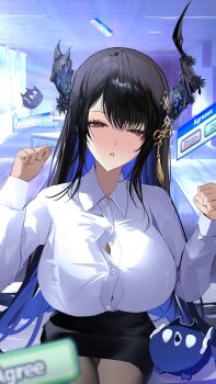 1girl absurdres alternate_costume black_hair black_pantyhose blue_hair breasts closed_mouth collared_shirt colored_inner_hair commentary demon_horns english_commentary highres hololive hololive_english horns jailbird_(nerissa_ravencroft) large_breasts long_hair looking_at_viewer mole mole_under_eye multicolored_hair nerissa_ravencroft nerissa_ravencroft_(casual) official_alternate_costume pantyhose shirt solo thekaiyip triangle_mouth very_long_hair virtual_youtuber