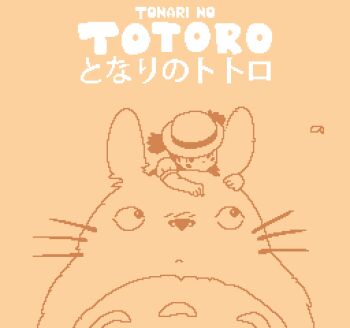 1girl animated animated_gif blush_stickers bug butterfly castpixel child commentary copyright_name food fruit grin hat insect kusakabe_mei looking_at_viewer looking_up monochrome on_head orange_(fruit) orange_theme pixel_art poking simple_background smile studio_ghibli teeth tonari_no_totoro totoro twintails