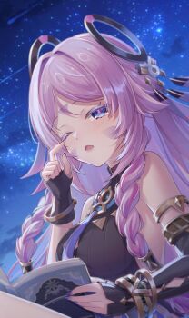 Rule 34 | 1girl, absurdres, armlet, bare shoulders, black leotard, blue eyes, book, bracelet, braid, breasts, citlali (genshin impact), clothing cutout, commentary request, facial mark, fingerless gloves, fingernails, floating headgear, forehead mark, genshin impact, glove cutout, gloves, hand up, headgear, heattech leotard, highres, holding, holding book, index finger raised, jewelry, leotard, long fingernails, long hair, looking at viewer, medium breasts, nail polish, night, night sky, one eye closed, open book, open mouth, outdoors, pink hair, pink pupils, purple nails, sky, solo, star (sky), starry sky, triangle, triangle facial mark, turtleneck, twin braids, upper body, yuno kaihara