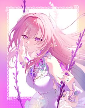 1girl absurdres bare_shoulders border breasts commentary cyrene_(honkai:_star_rail) cyrene_(ripples_of_past_reverie)_(honkai:_star_rail) diamond-shaped_pupils diamond_(shape) dress highres honkai:_star_rail honkai_(series) large_breasts long_hair on_swing parted_lips pink_border pink_hair pointy_ears purple_eyes solo sorrowfulilia swing symbol-shaped_pupils very_long_hair white_background white_dress