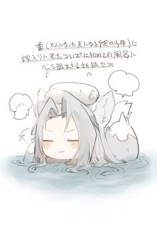 1boy :3 animal_ears blush_stickers chibi chibi_only closed_eyes final_fantasy final_fantasy_vii fox_ears fox_tail grey_hair happy hattouissenbaka highres kemonomimi_mode kitsune long_hair male_focus multiple_tails musical_note onsen sephiroth solo spoken_musical_note steam tail towel towel_on_head translation_request upper_body white_background