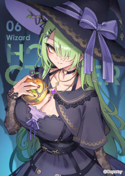 1girl antler_ribbon apple black_capelet black_choker black_dress black_hat black_nails blue_ribbon breasts capelet ceres_fauna ceres_fauna_(goth) choker cleavage commentary crinoline dress earrings english_commentary flower food fruit gem golden_apple goth_fashion green_hair hair_flower hair_ornament hair_over_one_eye harness hat heart heart_choker heart_o-ring heart_ring_choker highres holding holding_food holding_fruit hololive hololive_english horns jewelry lace lace-trimmed_dress lace_sleeves lace_trim large_breasts light_smile long_hair looking_at_viewer mole mole_under_eye necklace o-ring o-ring_choker o-ring_harness official_alternate_costume oopartz_yang purple_gemstone purple_hat ribbon solo tree undershirt very_long_hair virtual_youtuber witch_hat yellow_eyes