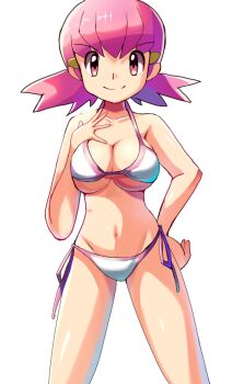Rule 34 | 1girl, bikini, breasts, cleavage, collarbone, cowboy shot, hand on own chest, hand on own hip, large breasts, looking at viewer, navel, nintendo, paraiso551, pink eyes, pink hair, pokemon, pokemon hgss, short hair, side-tie bikini bottom, simple background, smile, solo, swimsuit, twintails, underboob, white background, whitney (pokemon)