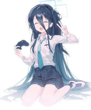 1girl :d absurdres aris_(blue_archive) black_hair black_skirt black_socks blue_archive blue_nails blush closed_eyes controller game_controller highres holding holding_controller holding_game_controller long_hair looking_at_viewer one_side_up open_mouth shirt shoes sidelocks sitting skirt smile socks solo v very_long_hair wariza white_shirt white_shoes xianyusixu