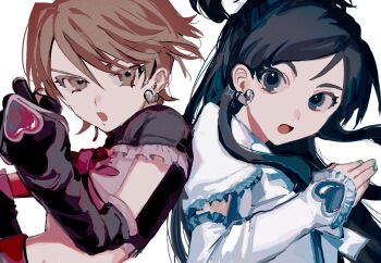 2girls black_eyes black_hair bridal_gauntlets brown_eyes brown_hair clenched_hand cure_black cure_white earrings eyelashes futari_wa_precure heart heart_earrings highres jewelry long_hair looking_at_viewer magical_girl midriff multiple_girls open_mouth ponytail precure short_hair simple_background sparkle white_background yadu_nadu