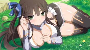 boots bow breasts brown_hair ceri_(sakura_dungeon) game_cg green_eyes hair_bow looking_at_viewer lying official_art outdoors sakura_dungeon sexually_suggestive smile thighhighs wanaca