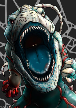 1girl artist_name blue_tongue bone bone_tail claws colored_tongue commentary_request glowing glowing_eyes highres kamen_rider kamen_rider_w mayamaxxxx monster no_pupils nostrils open_mouth sharp_teeth solo spikes t-rex_dopant tail teeth tokusatsu tongue tyrannosaurus_rex white_eyes