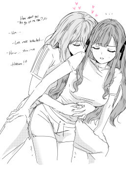 Rule 34 | 2girls, absurdres, bang dream!, bang dream! it's mygo!!!!!, blush, breasts, closed eyes, commentary, english text, greyscale, hashtag-only commentary, heart, highres, hug, hug from behind, long hair, medium breasts, midriff peek, miomujica, misumi uika, monochrome, multiple girls, navel, open mouth, shirt, shorts, sidelocks, simple background, spoilers, spot color, togawa sakiko, white background, yuri